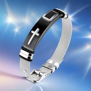 Imagem de Pulseira masculina ajustável com cruz de aço inoxidável e corrente de malha, One Size, Metal, Sem Pedra Preciosa