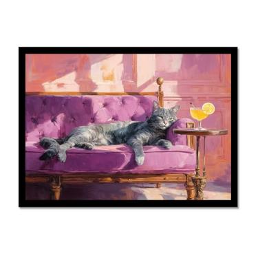 Imagem de Gato preto com estampa de arte Martini fofo gato peculiar coquetel bar decoração moderna casa cozinha arte de parede pintura em tela pôster estética (SKU5,20.3x30.5 cm = (20x30cm), moldura preta para