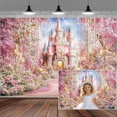 Imagem de 2,1 x 1,5 m, cenário fotográfico de castelo de princesa, flores rosa, floral, fantasia, conto de fadas, país das maravilhas chá de bebê, primavera, floresta encantada, decoração de festa de