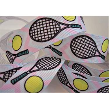 Imagem de Fita de gorgorão - Raquetes e bolas de tênis impressas em fita chevron branca e rosa - 2,7 cm de largura, 10 jardas. Para arcos de cabelo de equipe e artesanato de tênis!