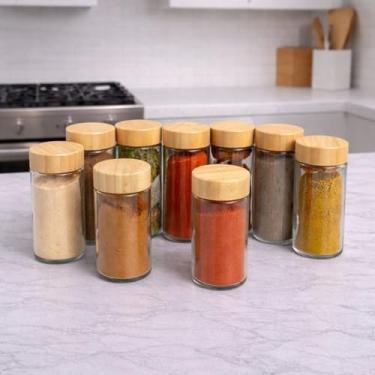 Imagem de Kit Porta Temperos Hermético em Vidro com Tampa de Bambu – Potes Organizadores para Mantimentos e Cozinha (9 Potes - 90ml)