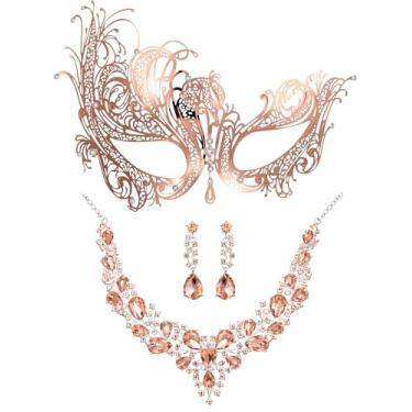 Imagem de Sratte O conjunto de máscaras inclui colar e brinco de máscara veneziana de Halloween para mulheres, acessório para festas de cosplay (rosa)