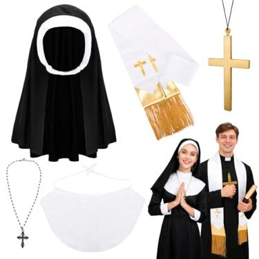 Imagem de XEPST 5 peças de acessórios para fantasias de padres e freiras de Halloween - acessório de cabeça de freira e colar com pingente de cruz, estola de padre, fantasias de Halloween para mulheres e homens
