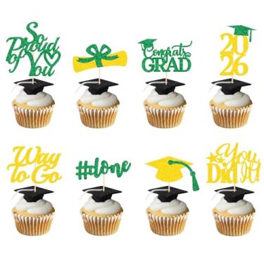 Imagem de Decorações de formatura 2026 ouro verde, topos de cupcake de formatura 2026 ouro verde, glitter classe de 2026 suprimentos para cupcake, Class of 2026 Parabéns Grad Cap Diploma Cupcake Picks - 40
