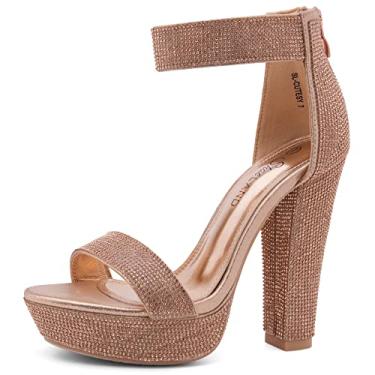 Imagem de Shoe Land Salto plataforma grosso para mulheres – Sandálias de salto bloco de 10 cm com tira no tornozelo, bico aberto elegante salto alto com tiras para casamentos, festas e eventos formais