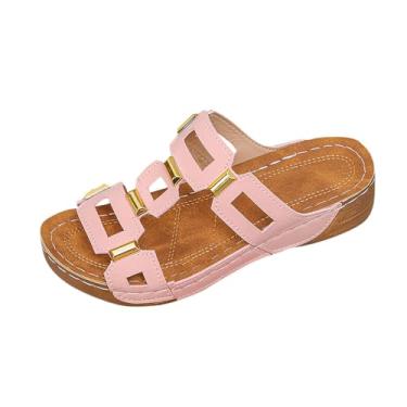 Imagem de Pantufas femininas modernas, casuais, estilo verão, cor sólida, boca de peixe, sola grossa, rosa, 39