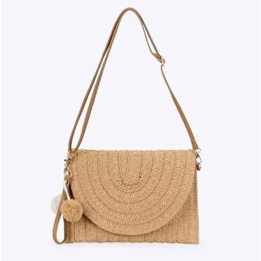 Imagem de Bolsa tiracolo de tecido moderno – Bolsa de palha feita à mão, bolsa de ombro vazada boho, grande capacidade, fecho magnético, Marrom claro, Bolsa transversal de tecido