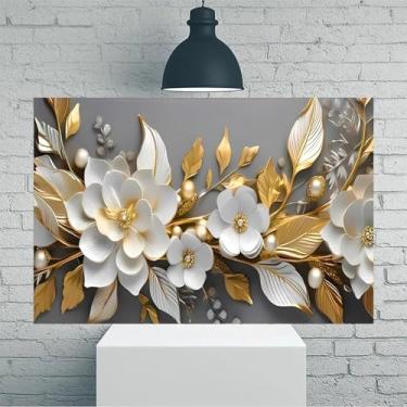 Imagem de Arte de parede em tela rústica vintage floral dourada e branca elegante - Pôster sem moldura de 30 x 45 cm - Ideia de presente para decoração de casa e escritório para sala de estar, quarto, cozinha e