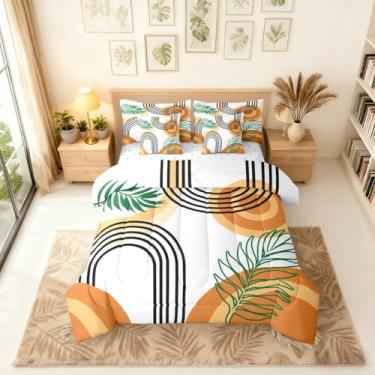 Imagem de Erosebridal Conjunto de edredom boêmio de meados do século com lençol Queen, minimalista, geométrico, vintage, folhas de palmeira, arte abstrata, simples, estética, laranja, 7 peças