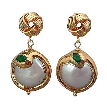 Imagem de DWBPGVUN Moeda branca cultivada de água doce pérola verde pavê brincos preenchidos com ouro