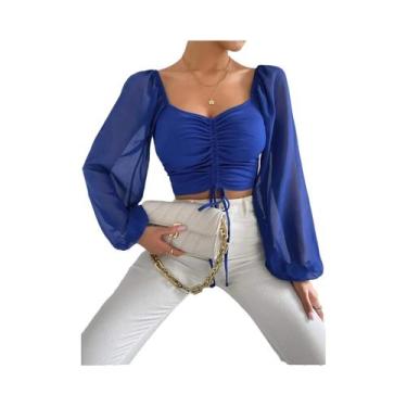 Imagem de Blusa Feminina Cropped De Malha Canelada Com Decote Plunge, Manga Tran