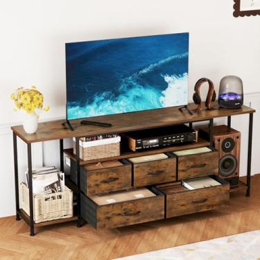 Imagem de Welfuturer Suporte de TV para TVs de até 177 cm, mesa de console de TV industrial com 5 gavetas de tecido e 3 prateleiras abertas, centro de entretenimento de mídia com pés ajustáveis para sala de