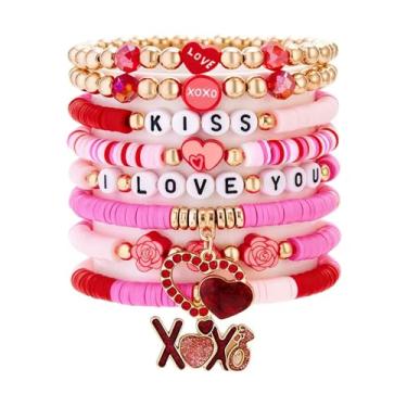 Imagem de Pulseiras de coração com contas vermelhas para mulheres, 7 peças, conjunto de pulseiras elásticas empilháveis com amuletos de amor, I Love You, miçangas elásticas em camadas para o dia dos namorados