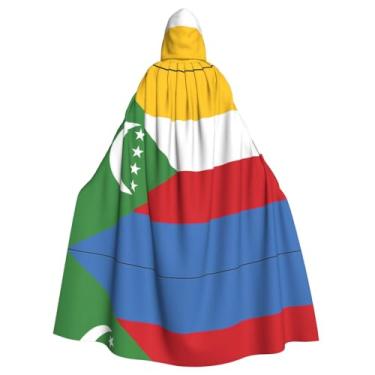 Imagem de Capa longa com capuz estampada com bandeira das Comores, adequada para Páscoa, cosplay, bailes de máscaras e festas temáticas.
