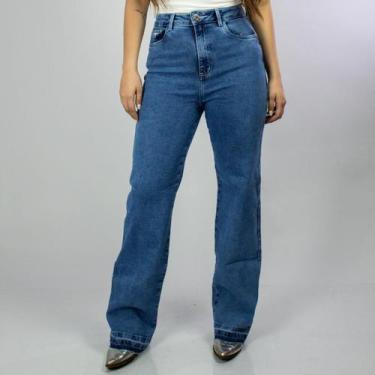 Imagem de Calça Jeans Azul Feminina Wide Leg Básica Lisa Moda Country Cintura Al