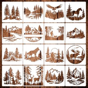 Imagem de 16 peças de estênceis de queima de madeira para artesanato, estênceis reutilizáveis de floresta para animais selvagens, modelos de desenho para pintura em tecidos de madeira, artesanato DIY (15 x 15