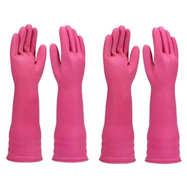Imagem de Luvas de lavar louça, 2 pares para cozinha, luvas de limpeza de borracha, luvas de prato longas reutilizáveis. (Pequeno, Rosa)