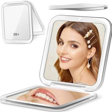 Imagem de Espelho compacto, espelho de ampliação 30X, espelho de bolso para bolsa, espelho de maquiagem de viagem com ampliação 30X/1X, espelhos essenciais de viagem, pinças de precisão, presente para meninas