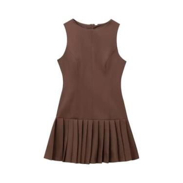 Imagem de Saia Plissada Marrom, Vestido Mini Com Recortes 3D, Sem Mangas, Decote