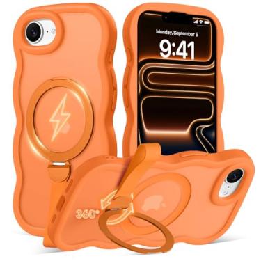 Imagem de Amzfield Capa para iPhone 16e [suporte e alça magnética de rotação de 360°] [compatível com MagSafe] linda moldura ondulada translúcida fosca rígida traseira de silicone à prova de choque com suporte