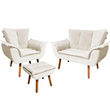 Imagem de Conjunto Poltrona Puff E Namoradeira Pés Palito Charger Veludo Bege G19 - Gran Belo