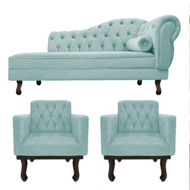 Imagem de Kit Diva Recamier Diana 185cm Lado Esquerdo E 02 Poltronas Classic Suede - Cor Azul Tiffany