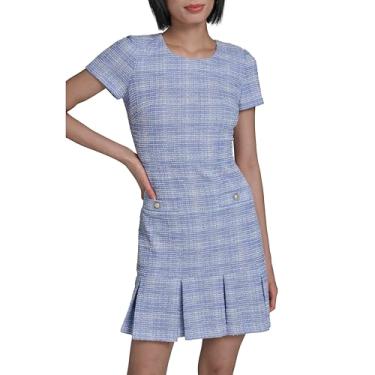 Imagem de Karl Lagerfeld Minivestido feminino sem mangas com decote em V e laço evasê, Azul francês/branco macio, 42