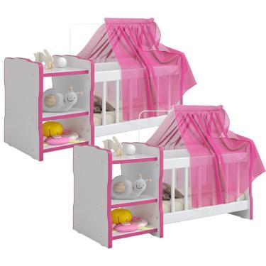 Imagem de Kit 02 Berços Para Boneca Cristal Ursinho C02 Brinquedo Infantil Branco Rosa - Lyam Decor