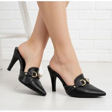 Imagem de Sapato Scarpin Scarpan Mule Salto Alto Bico Fino 9 cm Feminino, Preto,