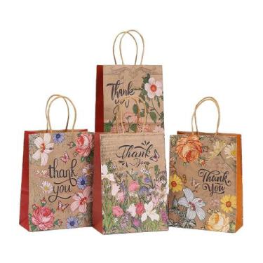 Imagem de Conjunto de sacolas de presente de papel kraft floral vintage 15x8x21c