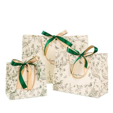 Imagem de Conjunto de sacolas de presente vintage floral, pacote com 3 alças de 