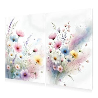 Imagem de Kit 2 Quadros Decoração Flores Aquarela Pastel Canvas 60x40 - DC Expre