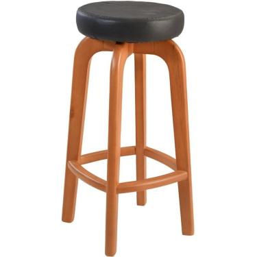 Imagem de Banqueta Banco Alto Bar Em Madeira Maciça Amendoa Assento Redondo Corino Preto