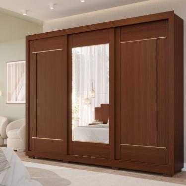 Imagem de Guarda Roupa Casal com Espelho 3 Portas de Correr e Pés em MDF Valentina Panan Móveis - Jequitiba