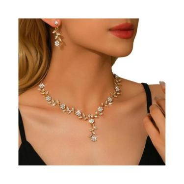 Imagem de Conjunto De Colar E Brincos Feminino Com Cristais E Folhas Em V - Joia