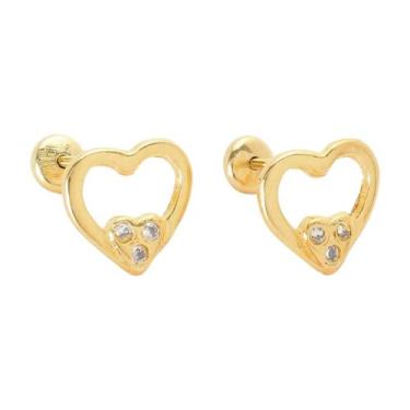Imagem de Brinco Baby Coração Vazado com Pedra Zircônia 2,5mm Folheado a Ouro - 