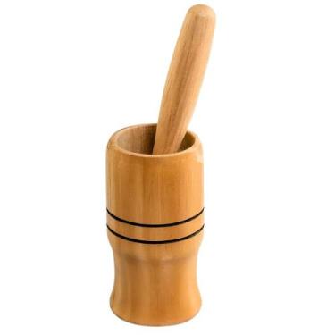 Imagem de Pilão com Socador para Alho Madeira - Conjunto Pilao 12x7cm com Bastão