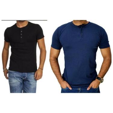 Imagem de Kit 2 Camiseta Henley Canelado Masculina 4 Botões Slim M Curta - J Sil