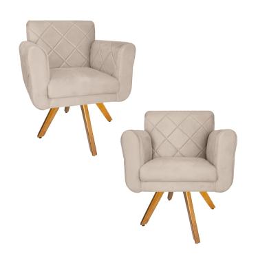 Imagem de Kit 2 Poltrona Estofada Base Giratória De Madeira Sala Isabella Suede Bege - LM DECOR