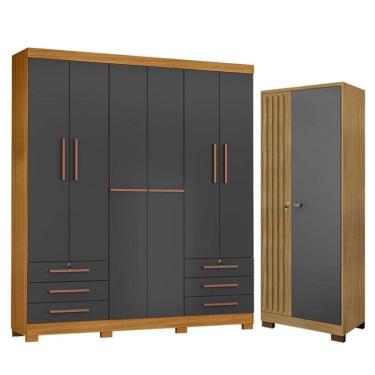 Imagem de Guarda Roupa Casal Londres e Armário Multiuso Versatile Carvalho Americano Grafite - In...