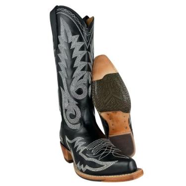 Imagem de Bota Texana Feminina Goyazes Bico Fino Couro Mustang Preto Bordado Em 
