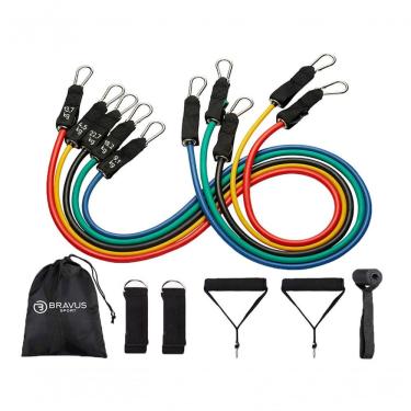 Imagem de Kit Tubing Pro com Elástico Extensor Antipressão 68kg e Acessórios Bravus com Alças e Tiras para Tornozelo e Âncora