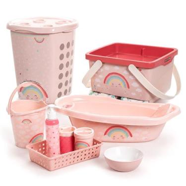 Imagem de Kit Luxo Arco-Íris Para Bebê 9 Peças Banheira Cesto 38L Balde 8L Caixa