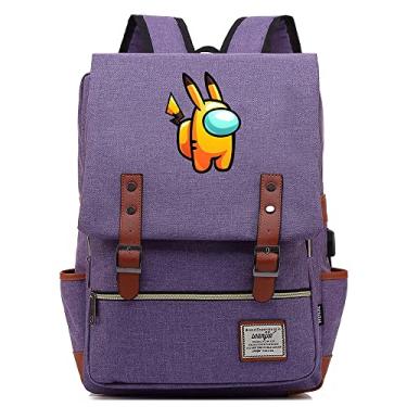 Imagem de Mochila retrô com estampa de jogo Among Game, mochila escolar retrô unissex (com USB), Roxa, Large, Clássico