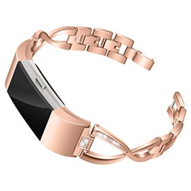 Imagem de Pulseiras Mtozon compatíveis com Fitbit Charge 2, pulseiras metálicas com strass Bling Bling de substituição feminina, prata, ouro rosa, preta, Rose Gold