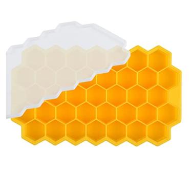 Imagem de Bandeja de cubo de gelo molde de cubo de gelo reutilizável favo de mel bandeja de cubo de gelo com tampa removível molde de cubo de gelo (cor: amareloWithLid)