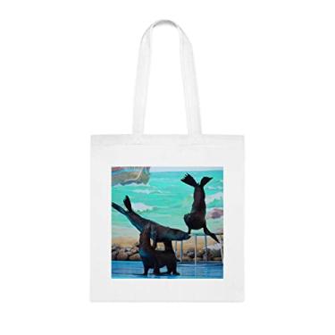 Imagem de Seals In The Water Park dando uma apresentação ao público, sacola divertida, bolsa de ombro, bolsas reutilizáveis, cesta de Natal de aniversário, ideia de presente, Branco