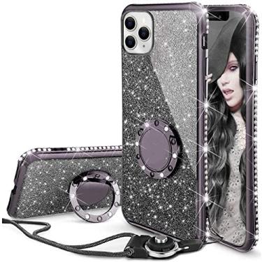 Imagem de Capa de diamante para iPhone 11 Pro Max XS Max XR X Capa Crystal Glitter Bling Ring Suporte para iPhone 12 7 8 Plus X Bumper Case, cordão de anel preto, para iPhone 14 Pro