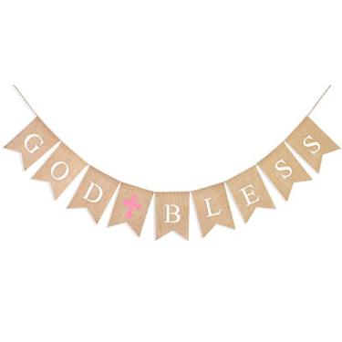 Imagem de Uniwish Bandeira God Bless Decorações de batismo para meninas, guirlanda de juta rústica vintage para batizado, artigos de festa de comunhão com cruz rosa