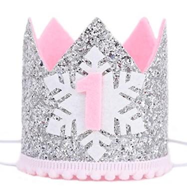 Imagem de Coroa de aniversário de 1º aniversário de floco de neve para meninas - decorações de festa de aniversário de 1º ano do inverno, coroa de aniversário prata e rosa, tiara de aniversário, chapéu de primeiro aniversário para meninas, adereços para fotos de bolo